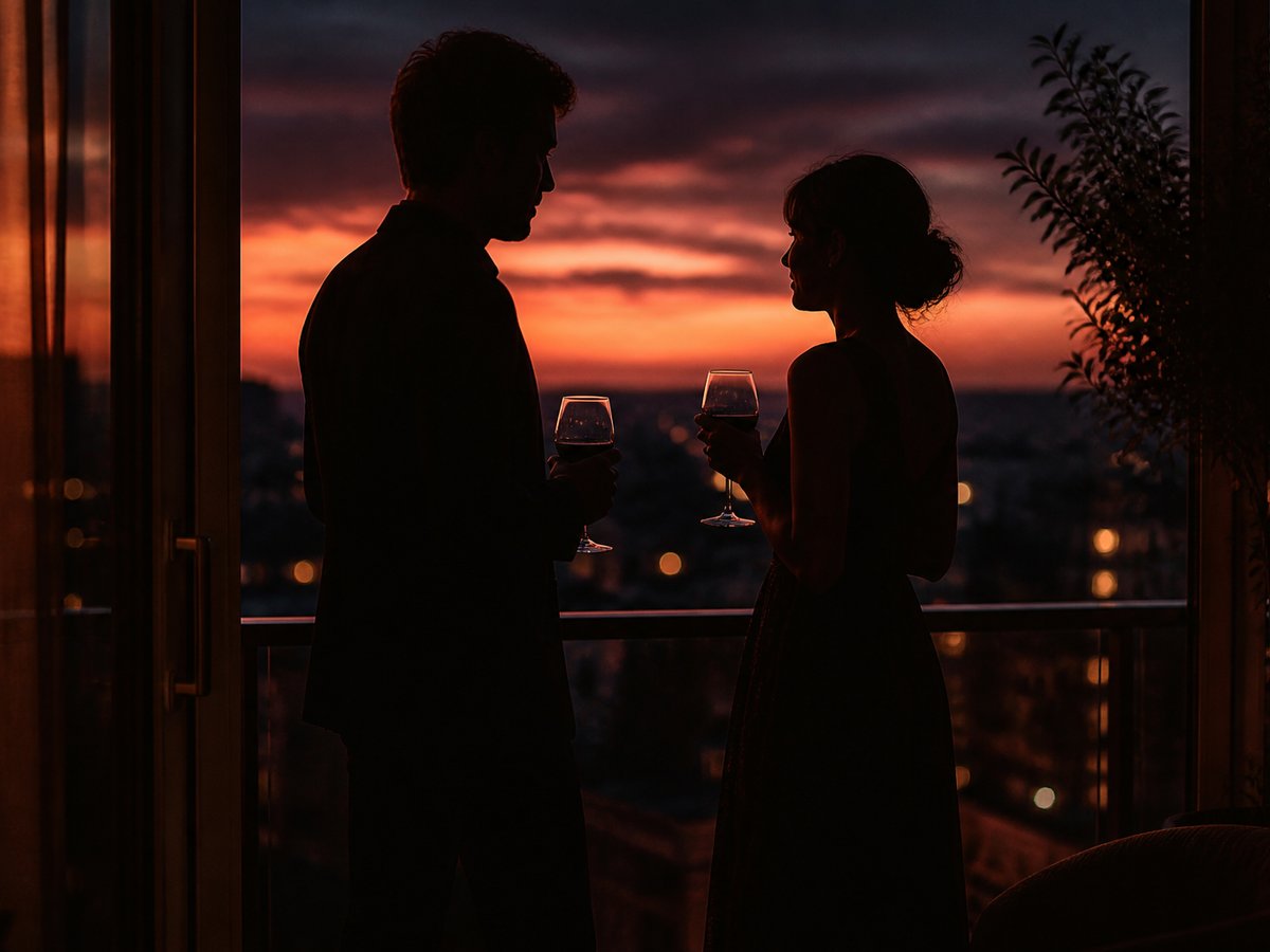 Two people talking on a balcony at dusk